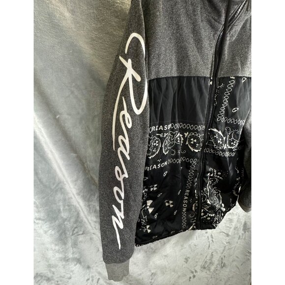 Reason Brand sweatshirt Men's Medium Black & Gray Hoodie  "Reason" Sleeve Print - Picture 11 of 12